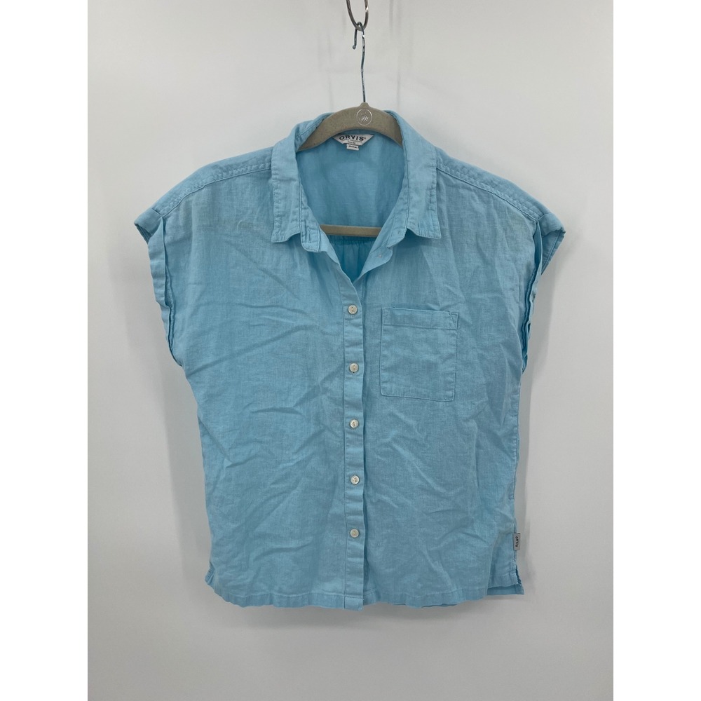Orvis Womens Blue Linen Blend Short Sleeve Button Down Shirt Size Small